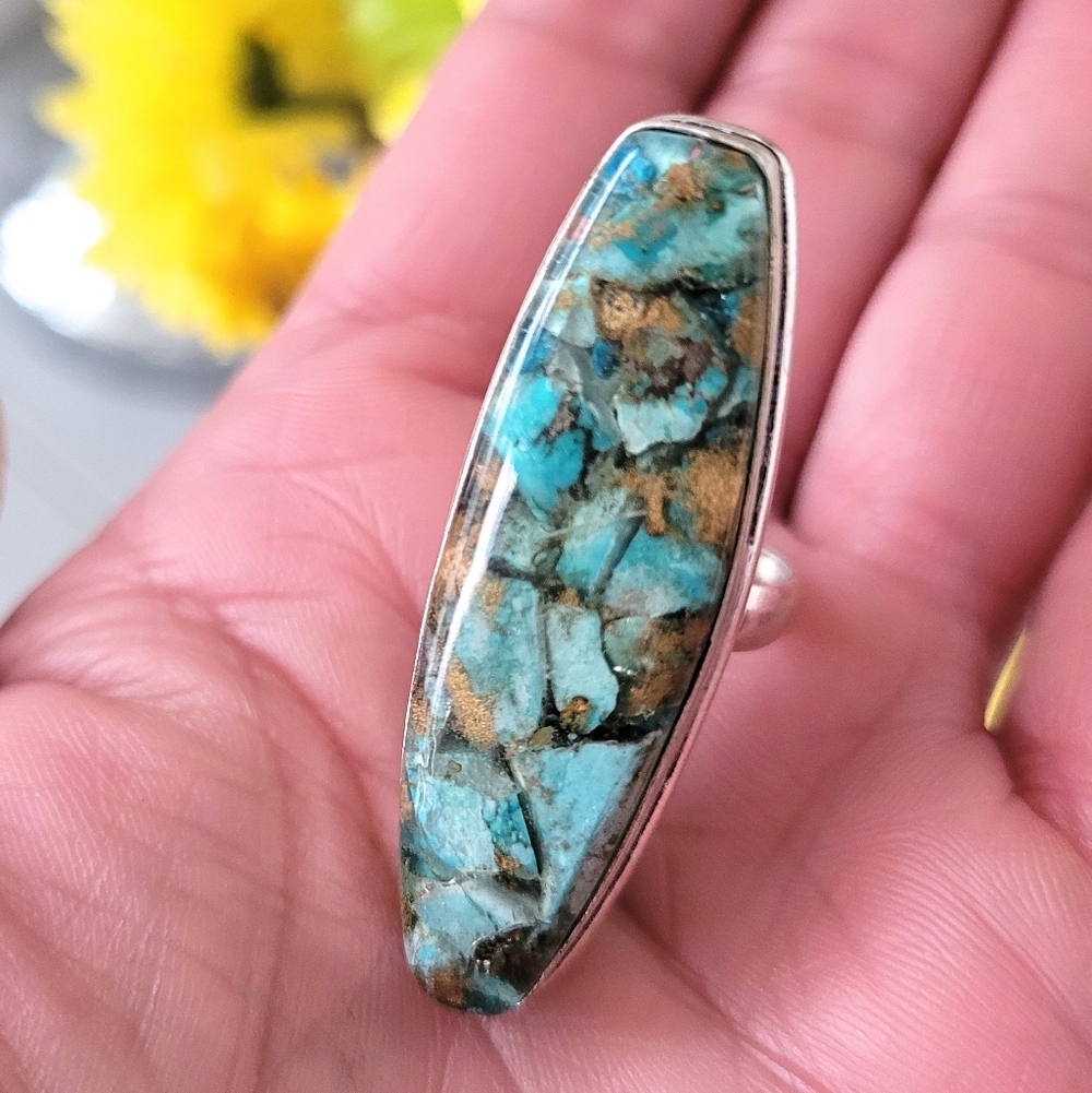 🩵Copper Turquoise Gemstone Sterling Silver Stamped Ring